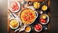 Flat lay view of a table served with a Mac and Cheese meal, surrounded by plates of fresh, sliced tomatoes Royalty Free Stock Photo