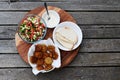 Flat lay view of traditional Israeli food