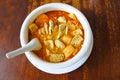 Flat lay view of traditional Malaysian curry laksa dish