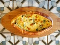 Flat lay view of Turkish flat bread with cheese Royalty Free Stock Photo