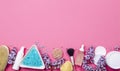 Flat lay view of various beauty spa products on pastel pink background with lot of copy space. Royalty Free Stock Photo