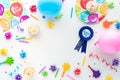 A flat lay view of various birthday party items for a birthday boy. Royalty Free Stock Photo