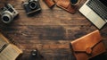 Flat lay of vintage cameras and accessories on wooden desk Royalty Free Stock Photo