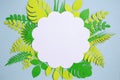 Flat lay of vintage card frame, color paper green leaves design on blue background. Top view, copy space, floral art