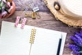 The Flat lay of vintage feminine summer concept with an open pink spiral notebook, beach hat, wooden clips and lavender. Royalty Free Stock Photo