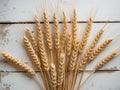 Flat lay wheat ears white wooden background are Vintage rustic b. Royalty Free Stock Photo
