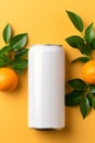 Flat lay white can mockup surrounded by oranges, professional product photography, vibrant colors