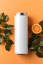 Flat lay white can mockup surrounded by oranges, professional product photography, vibrant colors