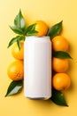 Flat lay white can mockup surrounded by oranges, professional product photography, vibrant colors