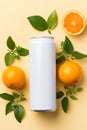 Flat lay white can mockup surrounded by oranges, professional product photography, vibrant colors