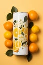 Flat lay white can with oranges print, fresh oranges - vibrant colors, summer fruit background