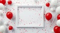 Flat lay of white frame with balloons, confetti. Red color palette. Advertising banner concept. Copy space.Generative AI Royalty Free Stock Photo