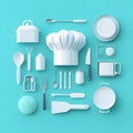 A flat lay of white kitchen utensils and a chefs hat on a light blue background arranged neatly Royalty Free Stock Photo