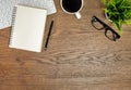 Flat lay, White office desk table. View from above with keyboard, computer mouse, pen, notebooks, eyeglasses and cup of black coff Royalty Free Stock Photo