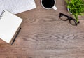 Flat lay, White office desk table. View from above with keyboard, computer mouse, pen, notebooks, eyeglasses and cup of black coff Royalty Free Stock Photo