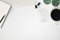 Flat lay, White office desk table. View from above with open notebook blank pages, keyboard, computer mouse, pen, document clips, Royalty Free Stock Photo