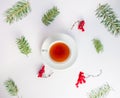 Flatlay with white tea set full of tea sorrounded by falling dow Royalty Free Stock Photo