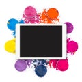 Flat lay of white touchpad with blank touchscreen with colorful powder isolated on white background