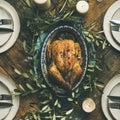 Flat-lay of whole roasted chicken for Christmas, square crop Royalty Free Stock Photo