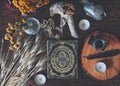 Flat lay of witch`s altar space with a grimoire vintage book from 1837 and other various items - dried flowers nature elements, Royalty Free Stock Photo