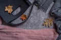 flat lay of woman's accessories and apparel, fashion trend, vintage hipster style, wooden background, traveler, autumn leaves, re Royalty Free Stock Photo