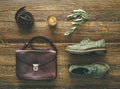 Flat-lay of woman`s fall accessories and coffee, top view