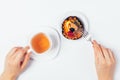 Flat lay woman's hands holding cup herbal tea Royalty Free Stock Photo