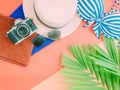 Flat lay for woman summer cloth accessorie with palm leaf , came Royalty Free Stock Photo