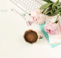 Flat lay women`s office desk. Female workspace Royalty Free Stock Photo