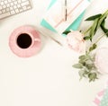 Flat lay women`s office desk. Female workspace