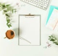 Flat lay women`s office desk.Mockup with clipboard, Royalty Free Stock Photo