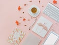 Flat lay women`s office desk, workspace top view