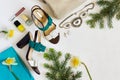 Flat lay Women`s shoes and accessories collage. Beauty and fashi