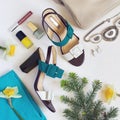 Flat lay Women`s shoes and accessories collage. Beauty and fashi
