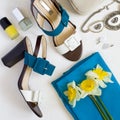 Flat lay Women`s shoes and accessories collage. Beauty and fashi