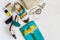 Flat lay Women`s shoes and accessories collage. Beauty and fashi