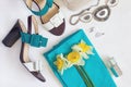 Flat lay Women`s shoes and accessories collage. Beauty and fashi