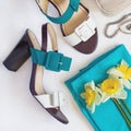 Flat lay Women`s shoes and accessories collage. Beauty and fashi