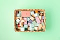 Flat lay with wooden blocks in pastel colors. Eco friendly, zero waste, plastic free, educational, gender neutral toys for