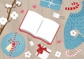 Flat lay wool sweater, book and gifts, branch and cotton flowers on wooden background. Winter flat vector illustration