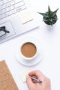 Flat lay, Workplace with laptop, coffe and note taking hand on withe desk. Vertical format, top view