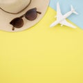Flat lay yellow background with hat glasses. High quality and resolution beautiful photo concept Royalty Free Stock Photo