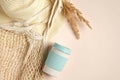 Flat lay zero waste female accessories. Top view reusable shopping bag, eco friendly bamboo fiber takeout coffee cup, straw beach