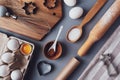 Flat layout composition, baking ingredients and kitchen utensils on a gray background. Culinary trendy background. The concept of