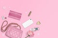 Flat layout of necessary items inside woman purse Royalty Free Stock Photo