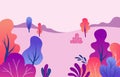 Flat leaf background, mountain and trees. Simple purple and pink pastel leaves, nature gradation, soft graphic spring or