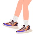 Flat legs wearing sneakers. Female legs shod fitness training shoes, stylish sportswear. Casual female footwear flat vector