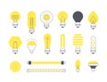 Flat light bulb. Minimalistic abstract glowing electric device, various energy efficient LED light bulbs and strips with Royalty Free Stock Photo