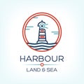 Flat lighthouse icon on blue sea, illustration vector background Royalty Free Stock Photo