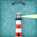 Flat lighthouse on old vintage background.